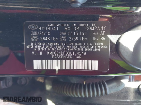 2011 Hyundai Genesis with VIN KMHGC4DF0BU114549, listed as a IAAI auction lot 41824114 with 142,970 mi miles. Bid and sale history available at carsss.com. Image 9.