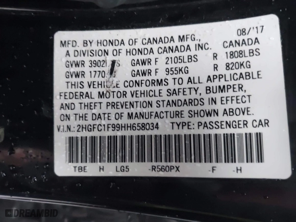 2017 Honda Civic Sedan Touring with VIN 2HGFC1F99HH658034, listed as a IAAI auction lot 41563627 with 140,819 mi miles. Bid and sale history available at carsss.com. Image 9.