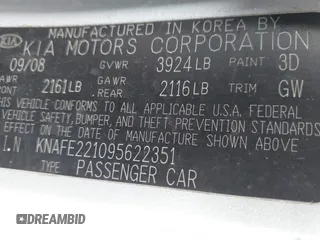 2009 Kia Spectra EX with VIN KNAFE221095622351, listed as a IAAI auction lot 41929653 with 178,034 mi miles. Bid and sale history available at carsss.com. Image 9.