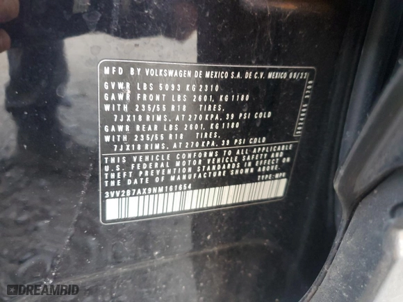 2022 Volkswagen Tiguan SE with VIN 3VV2B7AX9NM161654, listed as a Copart auction lot 48388295 with 51,585 mi miles and Salvage Title. Bid and sale history available at carsss.com. Image 13.