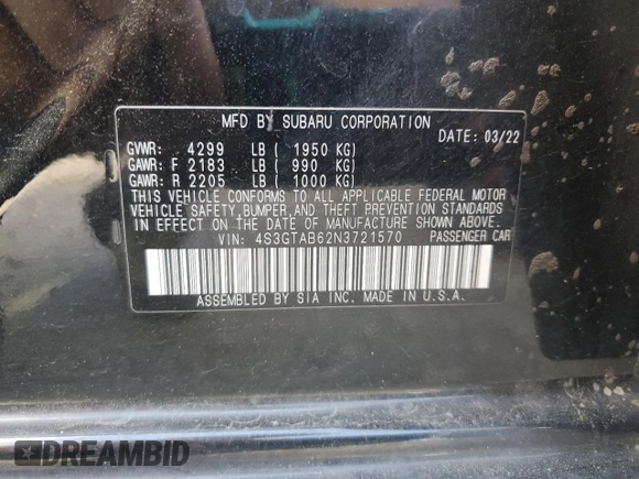 2022 Subaru Impreza z VIN 4S3GTAB62N3721570, wystawiony jako Copart lot #54718765 z przebiegiem 54 439 mil mil oraz Szkody całkowita. Historia ofert i sprzedaży dostępna na DreamBid. Obrazek 12.