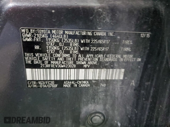 2016 Toyota RAV4 XLE with VIN 2T3RFREV3GW423028, listed as a Copart auction lot 63466735 with 164,207 mi miles and Salvage title. Bid and sale history available at DreamBid. Image 13.