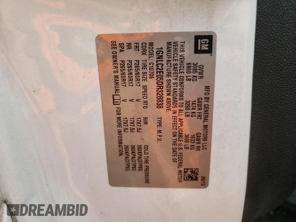 2013 Chevrolet Tahoe Commercial with VIN 1GNLC2E05DR328838, listed as a Copart auction lot 59747285 with 181,943 mi miles and Salvage title. Bid and sale history available at DreamBid. Image 13.