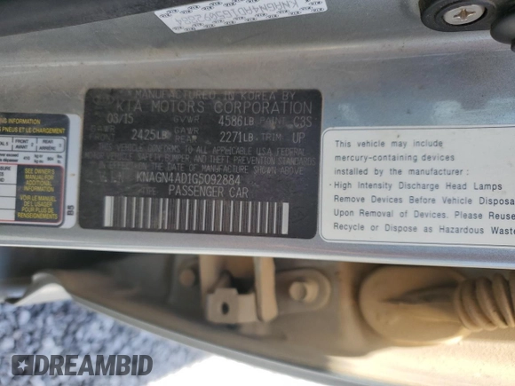 2016 Kia Optima EX z VIN KNAGN4AD1G5092884, wystawiony jako Copart lot #56928385 z przebiegiem 172 402 mil mil oraz Szkoda całkowita • Salvage title. Historia ofert i sprzedaży dostępna na DreamBid. Obrazek 13.
