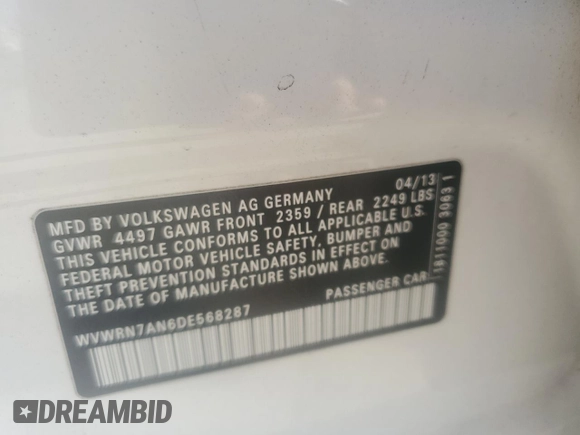 2013 Volkswagen CC Lux with VIN WVWRN7AN6DE568287, listed as a Copart auction lot 59983285 with 157,719 mi miles and Clean title. Bid and sale history available at DreamBid. Image 12.