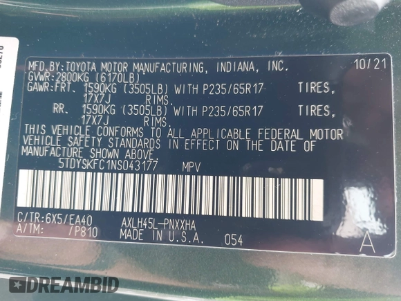2022 Toyota Sienna XLE with VIN 5TDYSKFC1NS043177, listed as a IAAI auction lot 42495390 with 33,908 mi miles and . Bid and sale history available at DreamBid. Image 9.