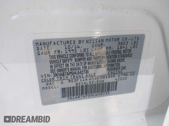 2017 Nissan Sentra SV z VIN 3N1AB7AP5HL642735, wystawiony jako IAAI lot #42321809 z przebiegiem 84 268 mil mil oraz . Historia ofert i sprzedaży dostępna na DreamBid. Obrazek 9.
