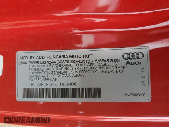 2005 Audi TT z VIN TRUWF28N451001406, wystawiony jako Copart lot #55391845 z przebiegiem 113 156 mil mil oraz Szkody całkowita. Historia ofert i sprzedaży dostępna na DreamBid. Obrazek 12.