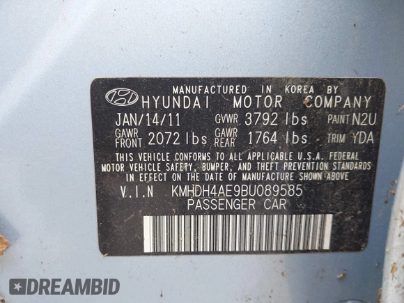 2011 Hyundai Elantra GLS с VIN KMHDH4AE9BU089585, выставлен на аукционе IAAI как лот 42463477 с пробегом 203 775 миль миль и . История ставок и продаж доступна на DreamBid. Изображение 9.
