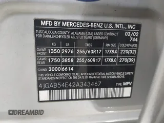2002 Mercedes-Benz M 320/430/500 with VIN 4JGAB54E42A343467, listed as a IAAI auction lot 41891163 with 173,924 mi miles and . Bid and sale history available at DreamBid. Image 9.