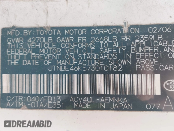2007 Toyota Camry CE with VIN JTNBE46K573010182, listed as a IAAI auction lot 42001611 with 156,718 mi miles and . Bid and sale history available at DreamBid. Image 9.
