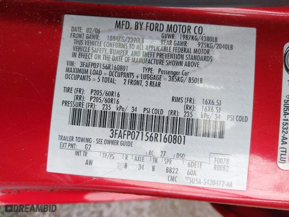 2006 Ford Fusion SE with VIN 3FAFP07156R160801, listed as a IAAI auction lot 41706931 with 220,104 mi miles. Bid and sale history available at carsss.com. Image 9.