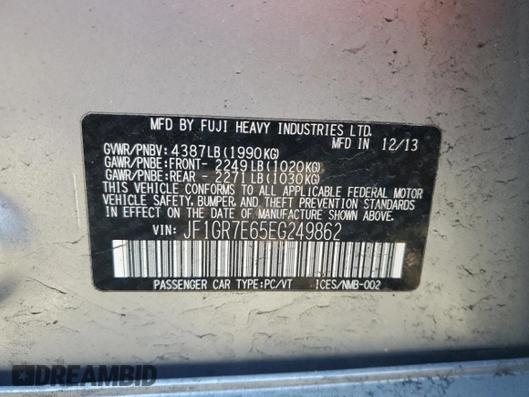 2014 Subaru WRX WRX z VIN JF1GR7E65EG249862, wystawiony jako Copart lot #53278455 z przebiegiem 142 158 mil mil oraz Szkoda całkowita • Salvage title. Historia ofert i sprzedaży dostępna na DreamBid. Obrazek 15.