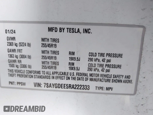 2024 Tesla Model Y Long Range with VIN 7SAYGDEE5RA222333, listed as a IAAI auction lot 41944404 with 12,176 mi miles. Bid and sale history available at carsss.com. Image 9.