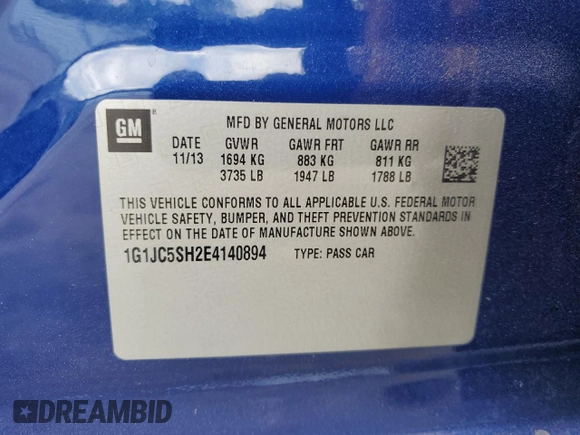 2014 Chevrolet Sonic LT z VIN 1G1JC5SH2E4140894, wystawiony jako Copart lot #55408215 z przebiegiem 122 783 mil mil oraz Szkoda całkowita • Salvage title. Historia ofert i sprzedaży dostępna na DreamBid. Obrazek 12.