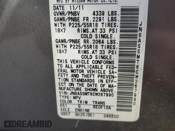 2012 Nissan Rogue S with VIN JN8AS5MT6CW267990, listed as a Copart auction lot 45993685 with 46,334 mi miles and Salvage Title. Bid and sale history available at DreamBid. Image 13.