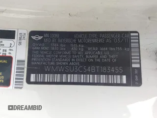 2011 MINI Hardtop with VIN WMWSU3C54BT183455, listed as a IAAI auction lot 42117672 with 130,530 mi miles and . Bid and sale history available at DreamBid. Image 9.