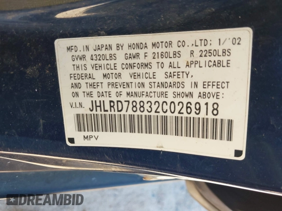 2002 Honda CR-V EX with VIN JHLRD78832C026918, listed as a IAAI auction lot 41600006 with 242,054 mi miles. Bid and sale history available at carsss.com. Image 9.