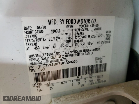 2011 Ford F-250 XL with VIN 1FT7W2B67BEA50233, listed as a Copart auction lot 48241625 with 266,489 mi miles and Salvage title. Bid and sale history available at DreamBid. Image 14.