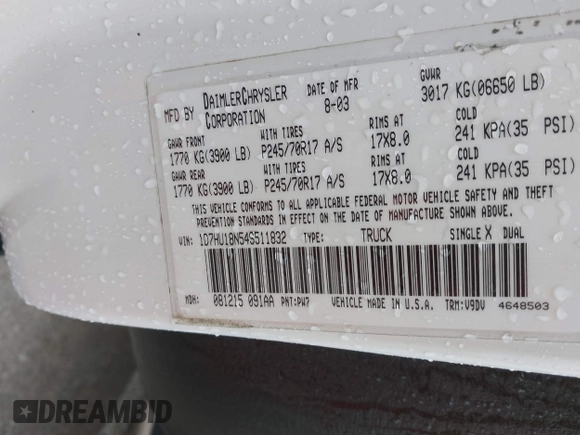 2004 Dodge 1500 SLT with VIN 1D7HU18N54S511832, listed as a IAAI auction lot 41495315 with 234,310 mi miles and . Bid and sale history available at carsss.com. Image 9.