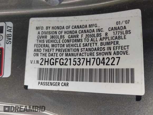2007 Honda Civic Si with VIN 2HGFG21537H704227, listed as a IAAI auction lot 41935772 with 139,619 mi miles and . Bid and sale history available at DreamBid. Image 9.