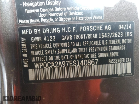 2014 Porsche 911 Carrera with VIN WP0CA2A97ES140867, listed as a Copart auction lot 69824864 with 44,956 mi miles and Salvage Title. Bid and sale history available at carsss.com. Image 12.