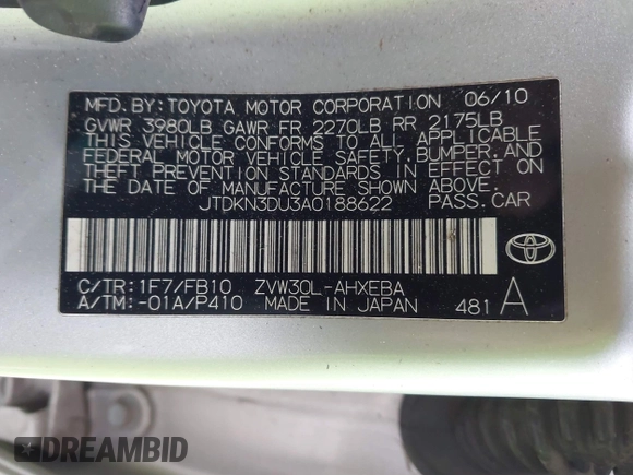 2010 Toyota Prius II with VIN JTDKN3DU3A0188622, listed as a IAAI auction lot 41772473 with 103,388 mi miles. Bid and sale history available at carsss.com. Image 9.