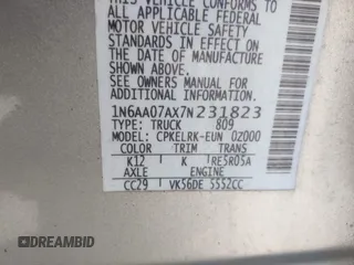 2007 Nissan Titan XE with VIN 1N6AA07AX7N231823, listed as a IAAI auction lot 42300587 with 210,735 mi miles and . Bid and sale history available at DreamBid. Image 9.