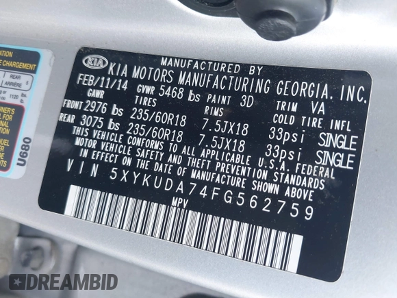 2015 Kia Sorento EX with VIN 5XYKUDA74FG562759, listed as a IAAI auction lot 42838149 with 180,571 mi miles and . Bid and sale history available at DreamBid. Image 9.