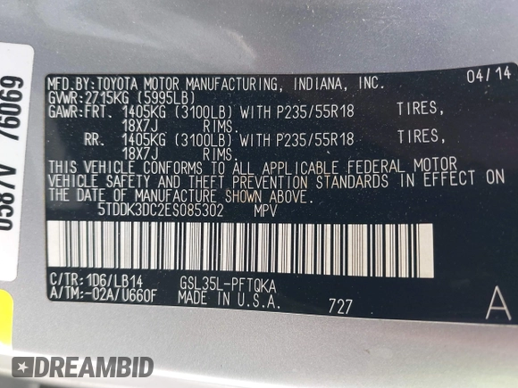 2014 Toyota Sienna Limited with VIN 5TDDK3DC2ES085302, listed as a IAAI auction lot 39560374 with 117,786 mi miles and . Bid and sale history available at DreamBid. Image 9.