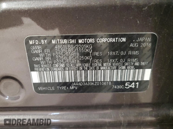 2019 Mitsubishi Outlander SE with VIN JA4AD3A39KZ010618, listed as a Copart auction lot 60504615 with 102,767 mi miles and Salvage title. Bid and sale history available at DreamBid. Image 13.