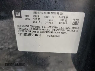 2015 Chevrolet Impala LT z VIN 1G1125S38FU144215, wystawiony jako Copart lot #57964915 z przebiegiem 125 922 mil mil oraz Szkoda całkowita • Salvage title. Historia ofert i sprzedaży dostępna na DreamBid. Obrazek 12.