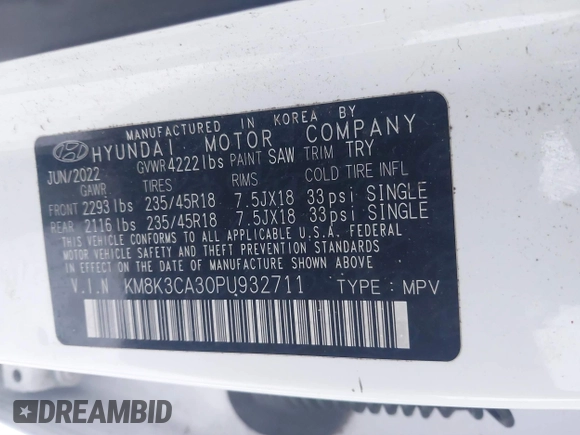 2023 Hyundai Kona N Line with VIN KM8K3CA30PU932711, listed as a IAAI auction lot 41296740 with 53,994 mi miles. Bid and sale history available at carsss.com. Image 9.