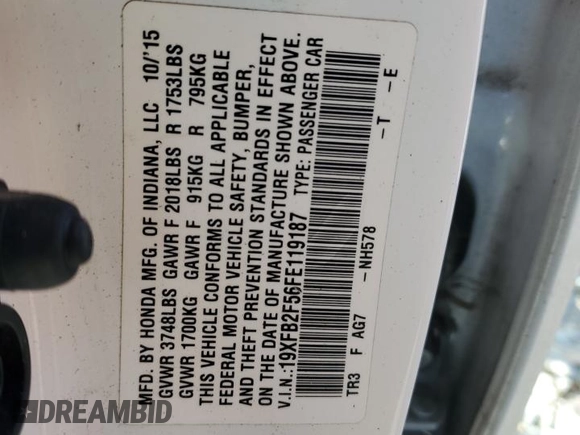 2015 Honda Civic LX with VIN 19XFB2F56FE119187, listed as a Copart auction lot 49957975 with 104,792 mi miles and Salvage Title. Bid and sale history available at DreamBid. Image 15.