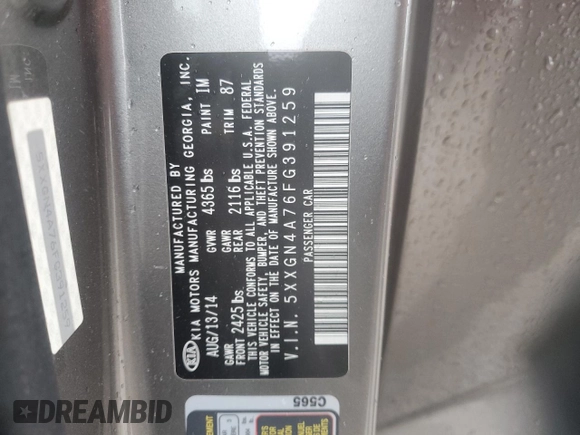 2015 Kia Optima EX with VIN 5XXGN4A76FG391259, listed as a Copart auction lot 49812355 with 124,704 mi miles and Salvage Title. Bid and sale history available at carsss.com. Image 15.