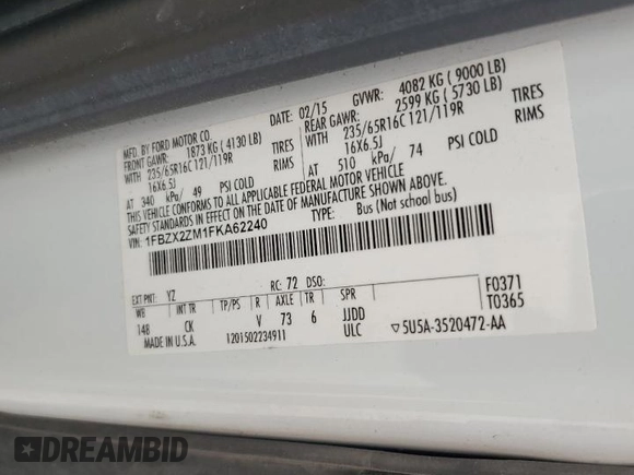 2015 Ford Transit XL with VIN 1FBZX2ZM1FKA62240, listed as a Copart auction lot 60873265 with 195,271 mi miles and Salvage title. Bid and sale history available at DreamBid. Image 13.