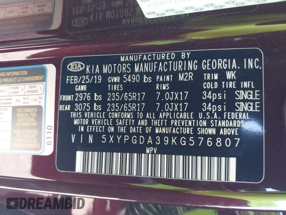 2019 Kia Sorento LX with VIN 5XYPGDA39KG576807, listed as a IAAI auction lot 42063866 with 53,899 mi miles. Bid and sale history available at carsss.com. Image 9.
