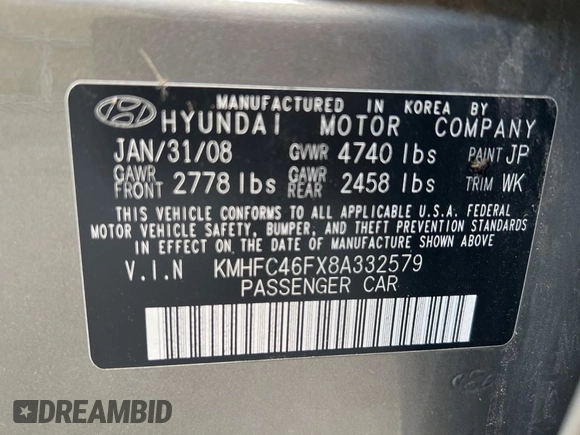 2008 Hyundai Azera Limited with VIN KMHFC46FX8A332579, listed as a Copart auction lot 63121015 with 160,619 mi miles and Clean title. Bid and sale history available at DreamBid. Image 10.