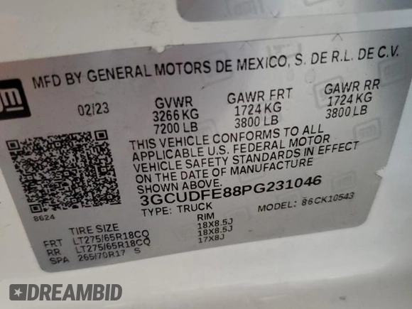 2023 Chevrolet Silverado 1500 LT Trail Boss with VIN 3GCUDFE88PG231046, listed as a Copart auction lot 87631285 with 50,893 mi miles and Salvage Title. Bid and sale history available at DreamBid. Image 14.