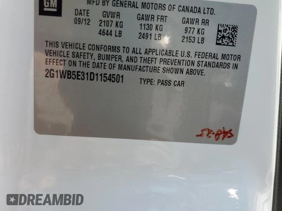 2013 Chevrolet Impala LT with VIN 2G1WB5E31D1154501, listed as a Copart auction lot 66314914 with Not Provided miles and Salvage Title. Bid and sale history available at DreamBid. Image 14.