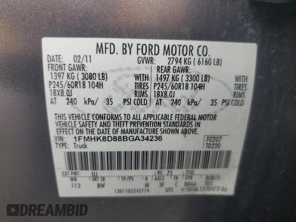 2011 Ford Explorer XLT with VIN 1FMHK8D88BGA34236, listed as a Copart auction lot 61095005 with 148,984 mi miles and Salvage title. Bid and sale history available at DreamBid. Image 14.