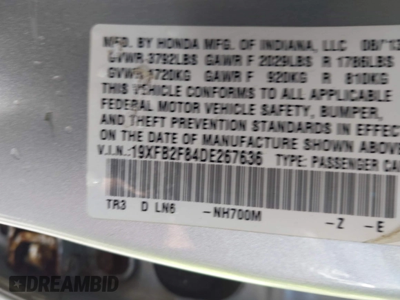 2013 Honda Civic EX with VIN 19XFB2F84DE267636, listed as a IAAI auction lot 42062869 with 169,267 mi miles and . Bid and sale history available at DreamBid. Image 9.