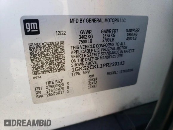 2023 GMC Yukon AT4 with VIN 1GKS2CKL1PR239143, listed as a Copart auction lot 68730574 with 52,679 mi miles and Salvage Title. Bid and sale history available at carsss.com. Image 14.