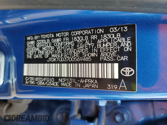2013 Toyota Yaris L with VIN JTDKTUD37DD569485, listed as a Copart auction lot 53193165 with 141,703 mi miles and Salvage Title. Bid and sale history available at carsss.com. Image 12.