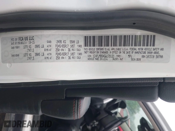 2016 Jeep Cherokee Trailhawk with VIN 1C4PJMBS4GW179121, listed as a IAAI auction lot 42516635 with 110,056 mi miles and . Bid and sale history available at DreamBid. Image 9.