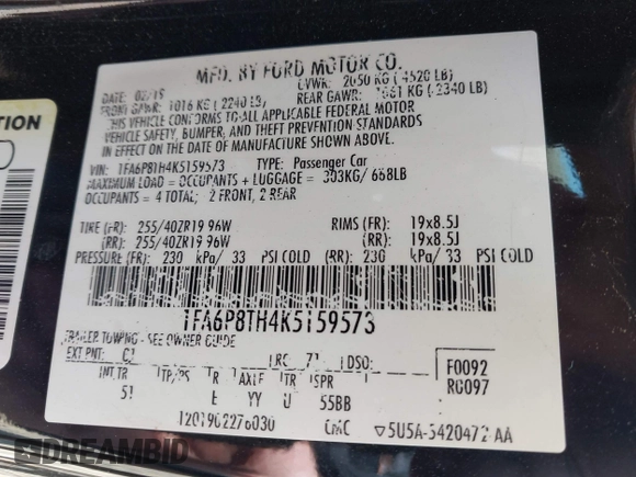 2019 Ford Mustang EcoBoost with VIN 1FA6P8TH4K5159573, listed as a IAAI auction lot 42207962 with 121,225 mi miles and . Bid and sale history available at DreamBid. Image 9.
