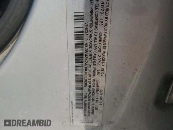 2012 Volkswagen Jetta S with VIN 3VW2K7AJ4CM318205, listed as a Copart auction lot 59663685 with 106,722 mi miles and Salvage title. Bid and sale history available at DreamBid. Image 12.
