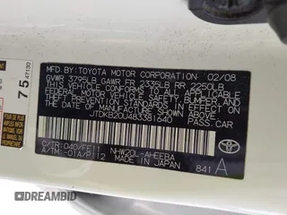 2008 Toyota Prius with VIN JTDKB20U483381640, listed as a IAAI auction lot 41976518 with 177,557 mi miles. Bid and sale history available at carsss.com. Image 9.