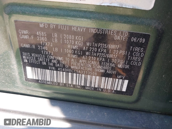 2010 Subaru Outback Premium All-Weather Anniversary with VIN 4S4BRBCC5A3313508, listed as a IAAI auction lot 42456117 with 188,044 mi miles and . Bid and sale history available at DreamBid. Image 9.