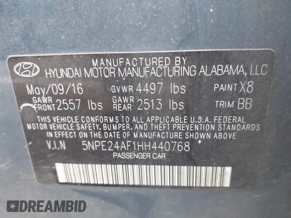 2017 Hyundai Sonata 2.4L with VIN 5NPE24AF1HH440768, listed as a IAAI auction lot 41751217 with 133,633 mi miles and . Bid and sale history available at carsss.com. Image 9.
